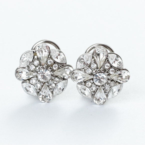 Unique dressy sparkly clear stone cluster clip on earrings with silver - Picture 10 of 15